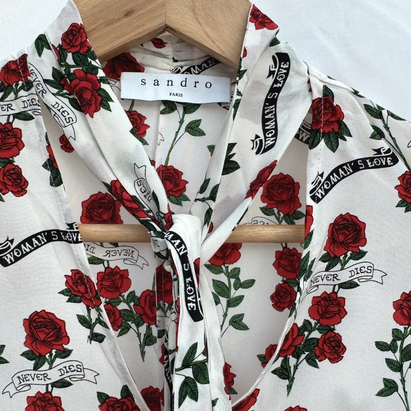 Sandro Paris 100% Silk Rose Print Blouse Size 1 / UK 8–10 Tie Neck “Woman’s Love” - Image 4