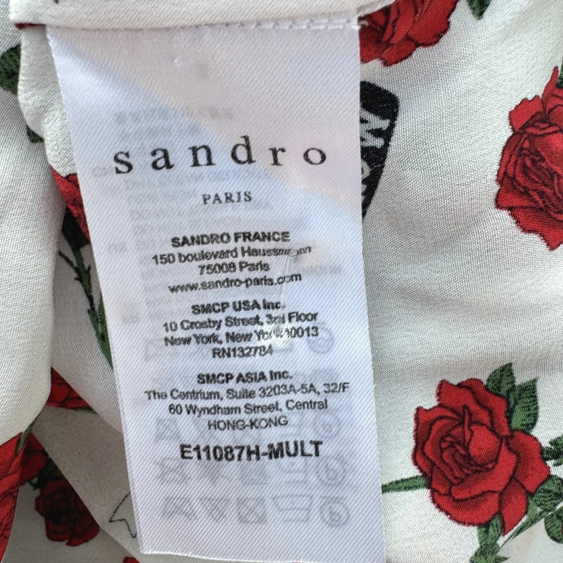 Sandro Paris 100% Silk Rose Print Blouse Size 1 / UK 8–10 Tie Neck “Woman’s Love” - Image 8