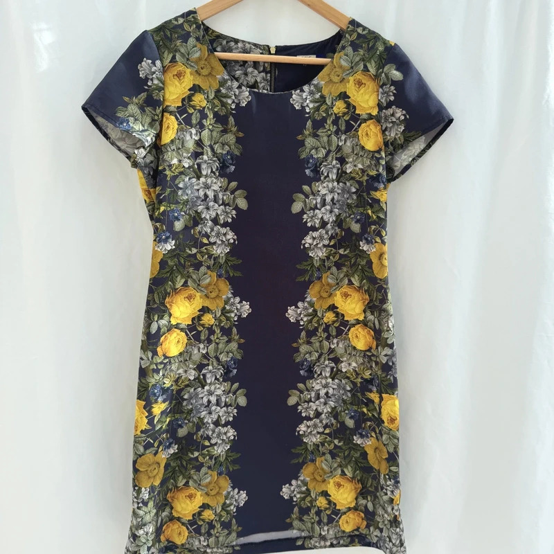 Next Navy Blue Yellow Rose Floral Shift Dress Short Sleeve UK 12