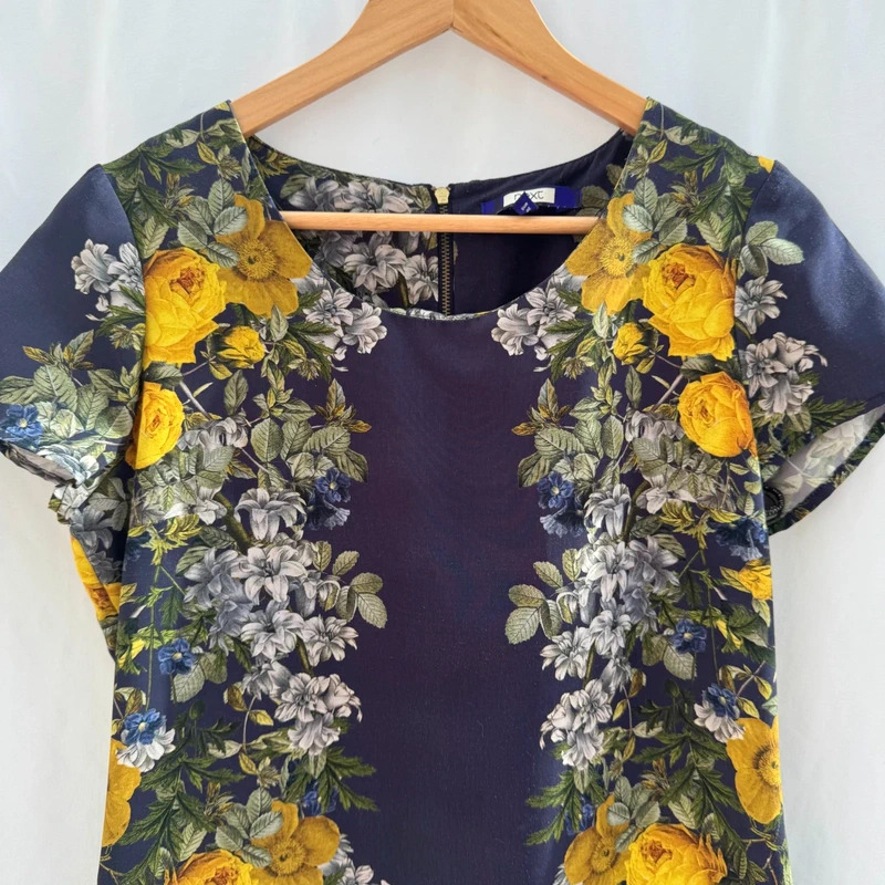 Next Navy Blue Yellow Rose Floral Shift Dress Short Sleeve UK 12 - Image 2
