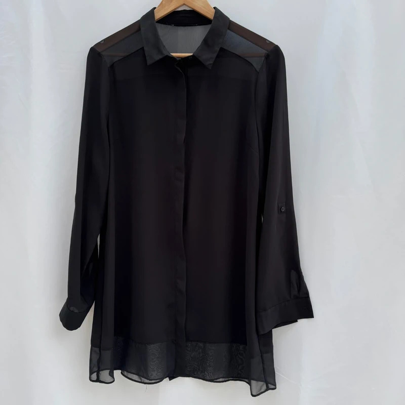 Black Chiffon Longline Shirt Tunic Sheer Shoulder & Hem Roll-Tab Sleeves Smart Casual M UK 12-14