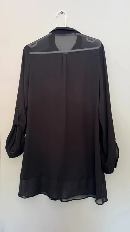 Black Chiffon Longline Shirt Tunic Sheer Shoulder & Hem Roll-Tab Sleeves Smart Casual M UK 12-14 - Image 2