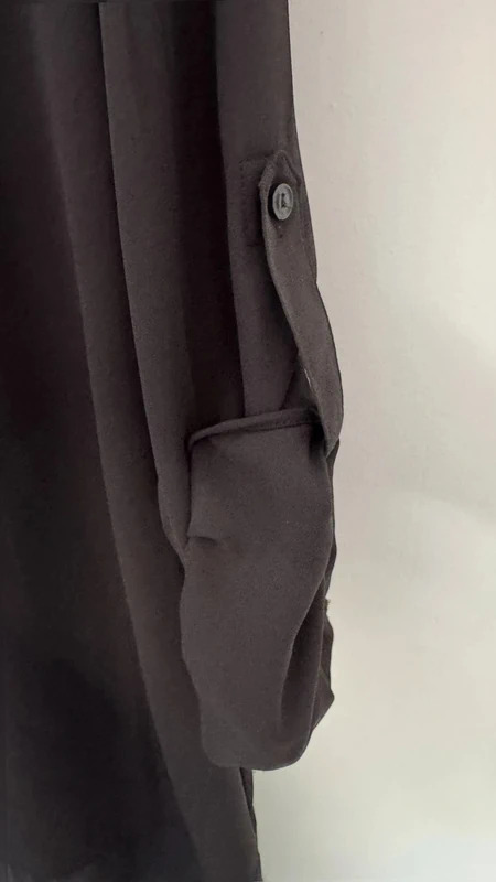 Black Chiffon Longline Shirt Tunic Sheer Shoulder & Hem Roll-Tab Sleeves Smart Casual M UK 12-14 - Image 4