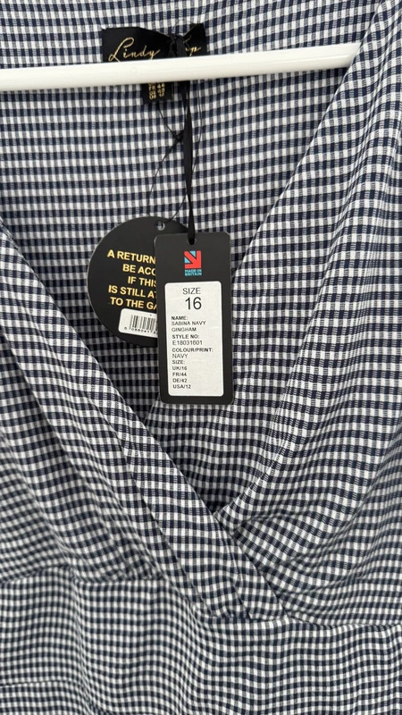 Lindy Bop Sabina Navy Gingham Tie Shoulder Midi Wiggle Dress UK 16 BNWT