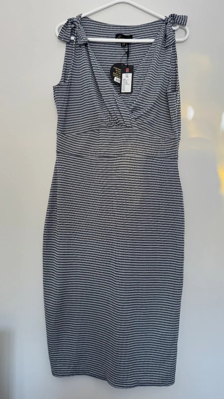 Lindy Bop Sabina Navy Gingham Tie Shoulder Midi Wiggle Dress UK 16 BNWT - Image 2