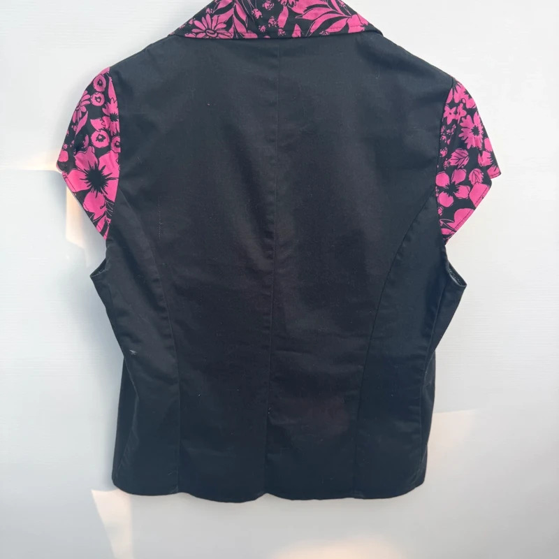 Black & Pink Floral Waistcoat EU 40 / UK 12-14 Collared, Pockets, Tie Waist Y2K Style - Image 4