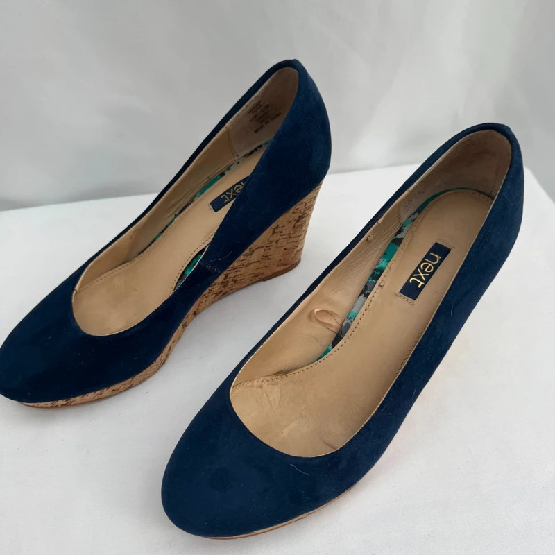 Next Navy Blue Faux Suede Cork Wedge Heels UK 5 EU 38 Round Toe Platform - Image 2