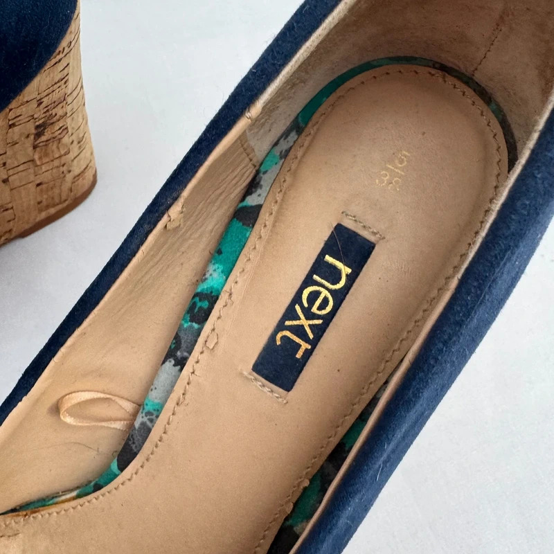 Next Navy Blue Faux Suede Cork Wedge Heels UK 5 EU 38 Round Toe Platform - Image 3