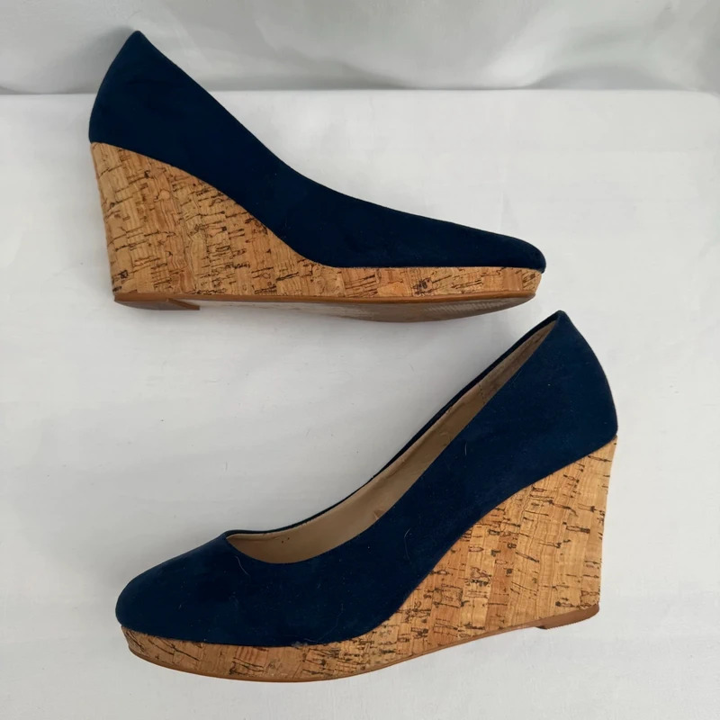 Next Navy Blue Faux Suede Cork Wedge Heels UK 5 EU 38 Round Toe Platform - Image 4