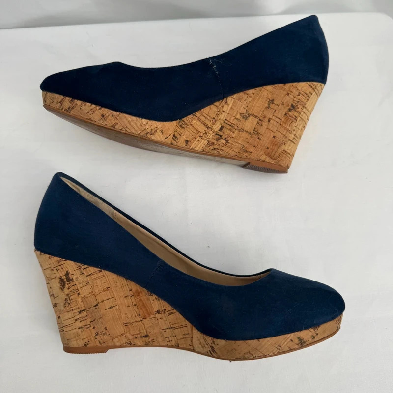 Next Navy Blue Faux Suede Cork Wedge Heels UK 5 EU 38 Round Toe Platform - Image 5