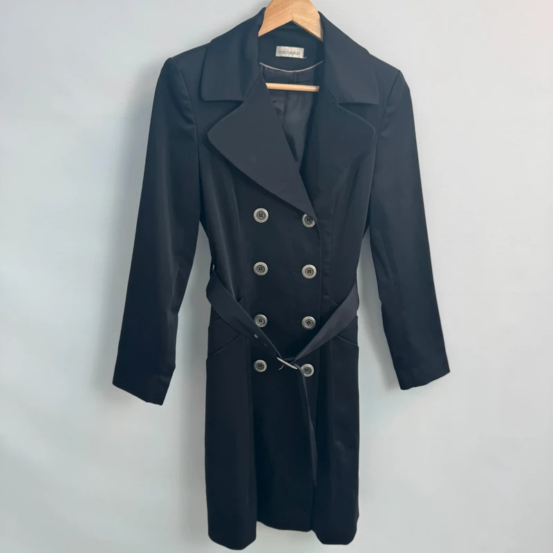 Todayswoman Coat UK 8 Black Double Breasted Belted Midi Smart Occasion Overcoat