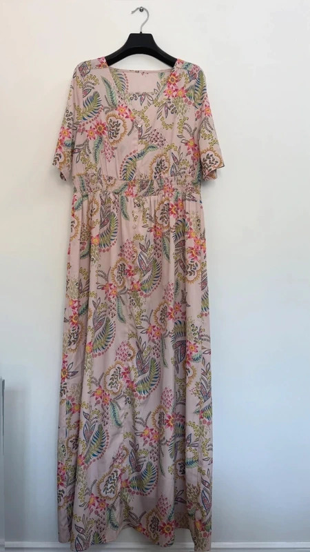 Avon Pink Tropical Floral Paisley Shirred Waist Midi Dress Maxi UK 14-16