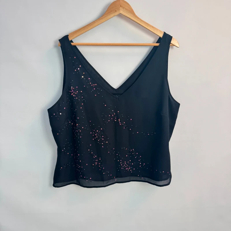Debenhams Début Black V-Neck Camisole Pink Silver Sequin Sparkle Evening Top UK 20