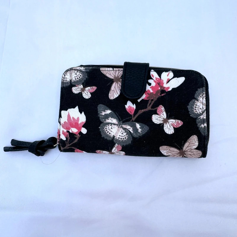 Black Butterfly Floral Print Zip Around Purse Wallet Card Holder