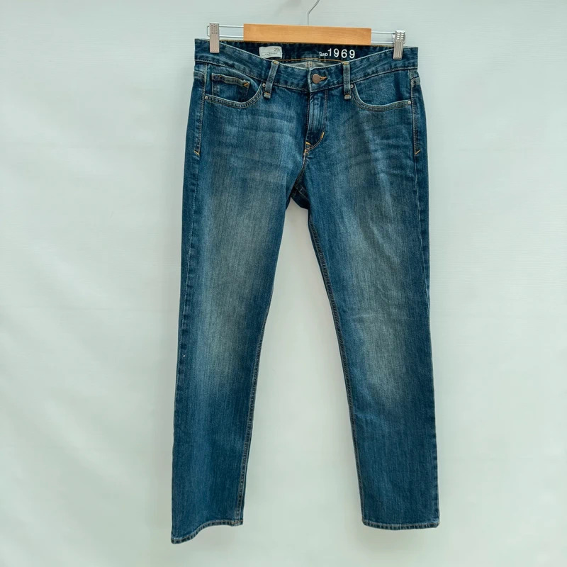 Gap 1969 Real Straight Jeans W29R UK 12 Mid Blue Wash Classic Denim Low Rise