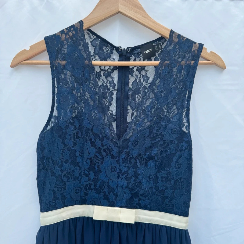 ASOS Navy Lace Bodice Skater Dress UK 8 Cream Waist Bow Occasion Party