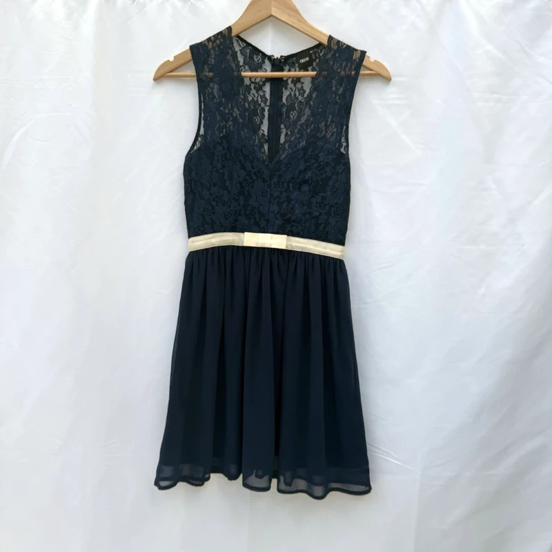ASOS Navy Lace Bodice Skater Dress UK 8 Cream Waist Bow Occasion Party - Image 2