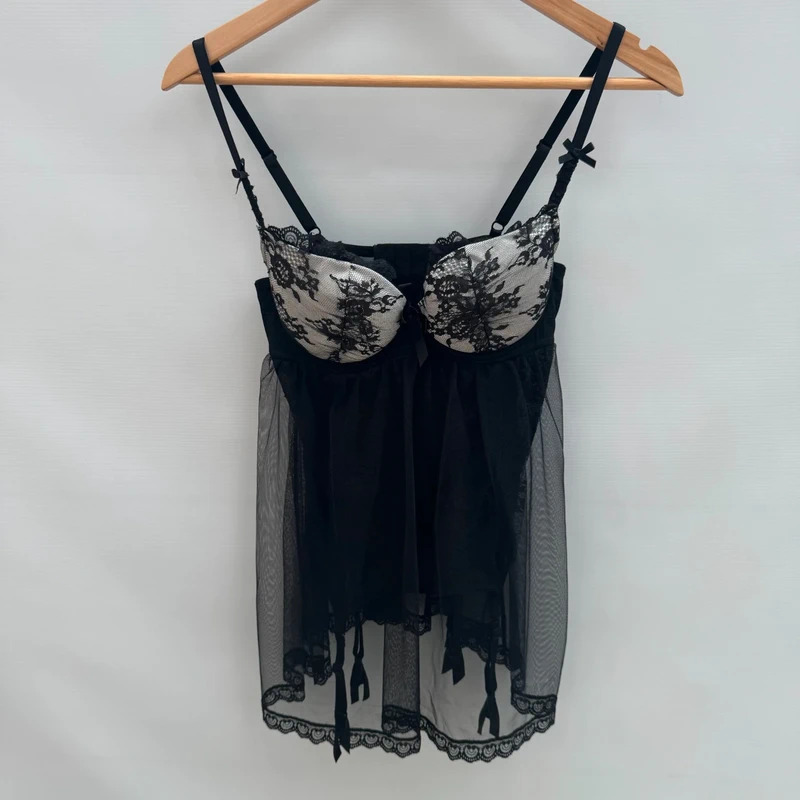 Ann Summers Black Lace & Mesh Babydoll Chemise UK 12 Suspender Straps Included
