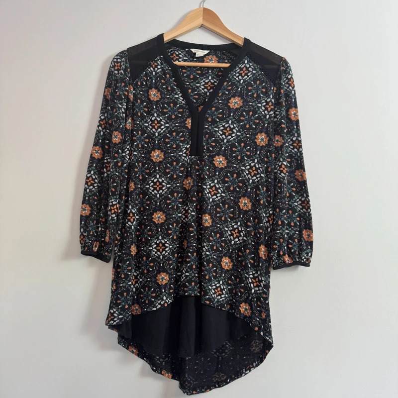 Monsoon Black Floral Print Boho Tunic Top Mesh Panel Long Sleeve UK 14
