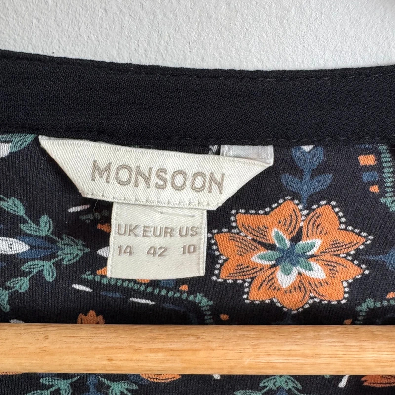 Monsoon Black Floral Print Boho Tunic Top Mesh Panel Long Sleeve UK 14 - Image 3