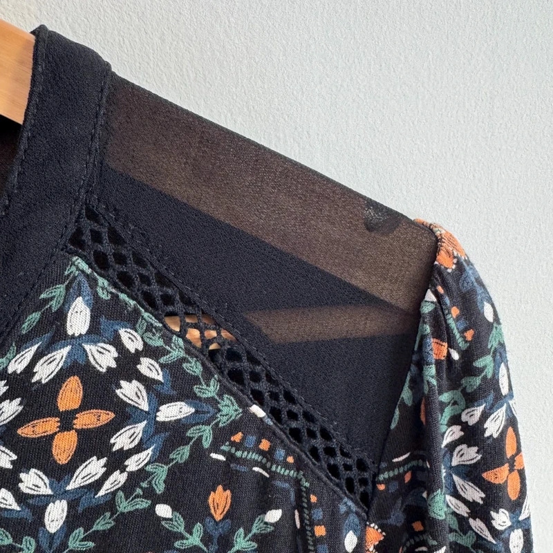 Monsoon Black Floral Print Boho Tunic Top Mesh Panel Long Sleeve UK 14 - Image 4