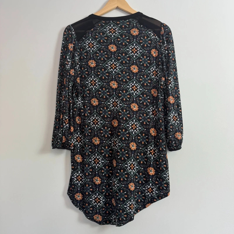 Monsoon Black Floral Print Boho Tunic Top Mesh Panel Long Sleeve UK 14 - Image 8