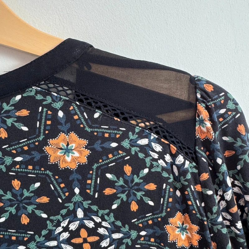 Monsoon Black Floral Print Boho Tunic Top Mesh Panel Long Sleeve UK 14 - Image 9