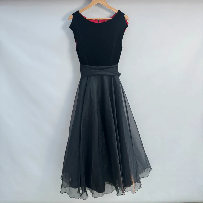 Vintage Shubette London Black Velvet & Tulle Midi Dress UK 12 80s Evening Occasion