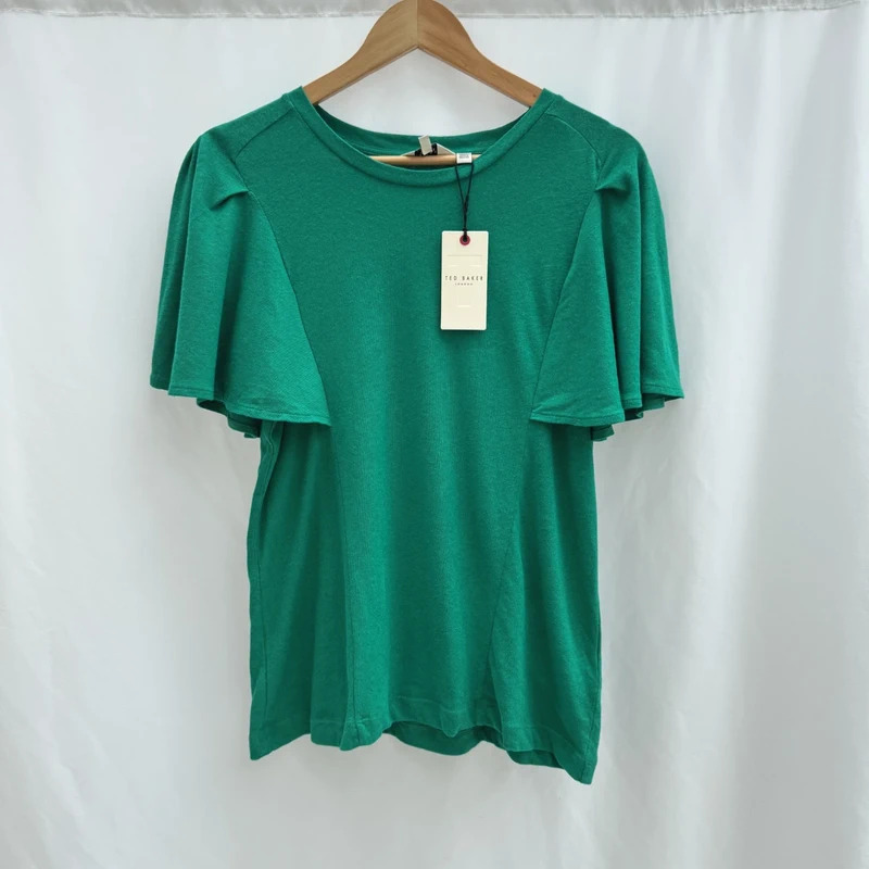 Ted Baker Hallenn Green Linen Blend Top Size 3 UK 12 Flutter Sleeve BNWT