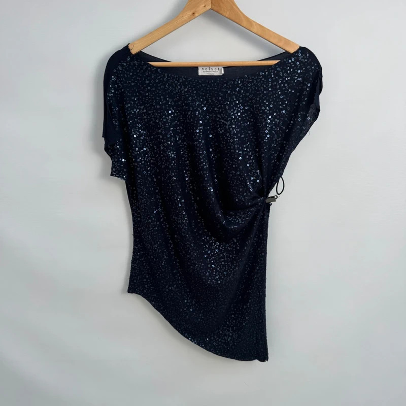 Velvet by Graham & Spencer Navy Sequin Asymmetrical Top S UK 8-10 Relaxed Party Evening