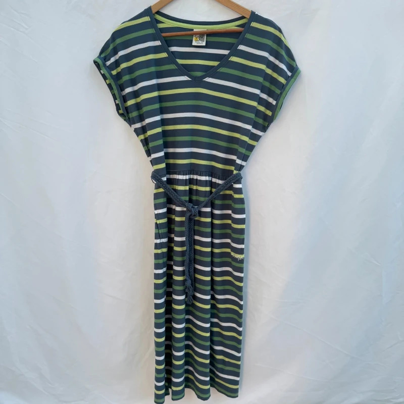 Weird Fish Maliha Organic Cotton Striped Midi Dress UK 16 Blue Green