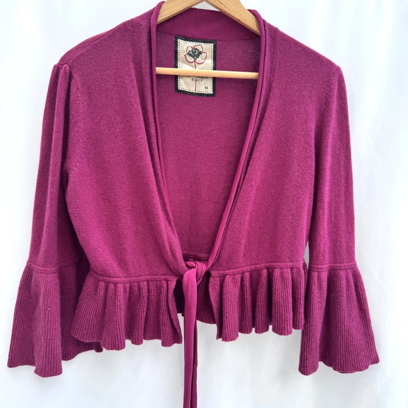 Betty Jackson Black Bell Sleeve Bolero Shrug Cashmere Blend Magenta Plum UK 14