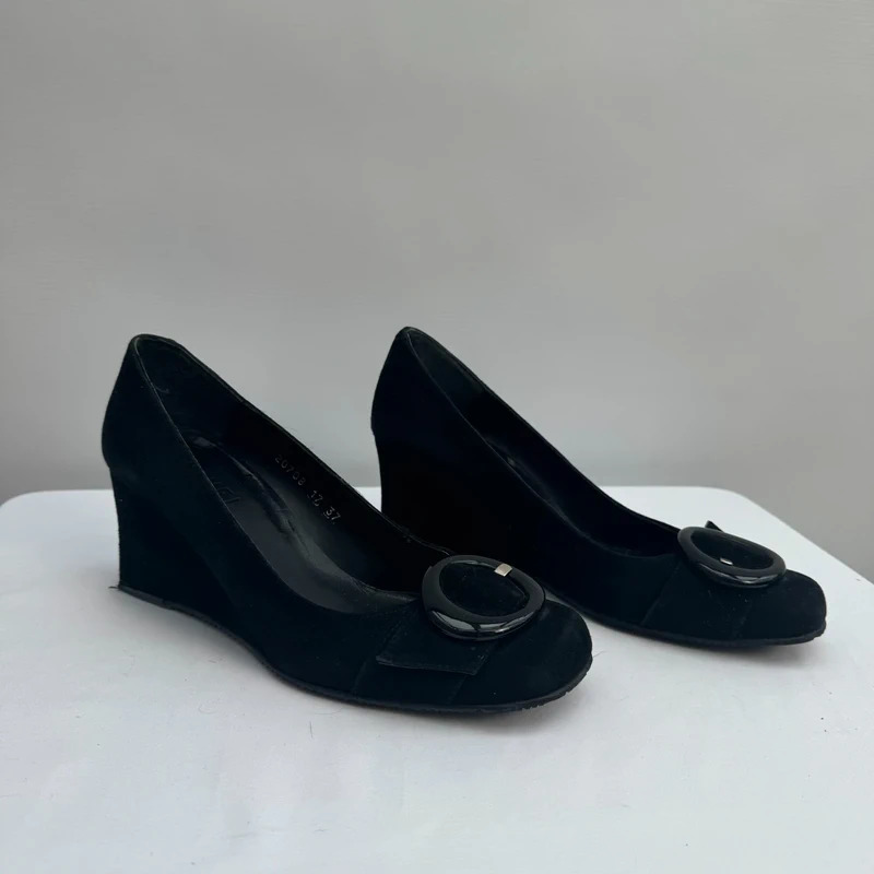 Ravel Black Suede Wedge Heel Shoes EU 37 UK 4 Buckle Detail Made in Spain