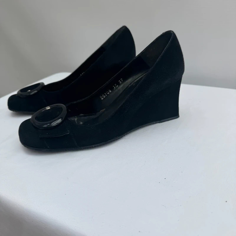 Ravel Black Suede Wedge Heel Shoes EU 37 UK 4 Buckle Detail Made in Spain - Image 3