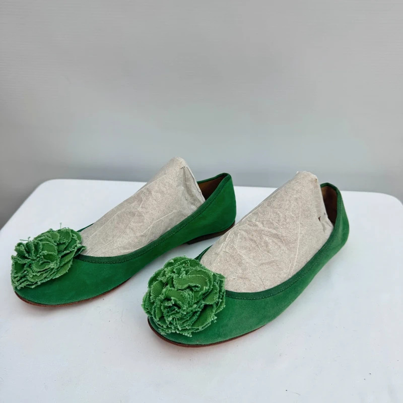 Boden Green Suede Flower Appliqué Ballet Flats EU 37 UK 4 Real Leather Sole