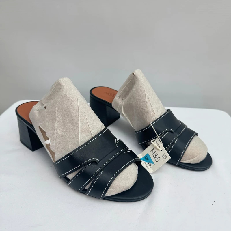 M&S Insolia Black Vegan Block Heel Sandals Mules UK 5.5 Wide Fit BNWT