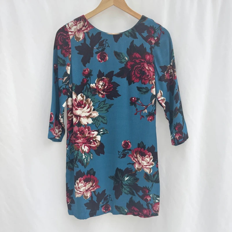 Joules Beydale Teal Floral Tunic Dress UK 8 3/4 Sleeve Gold Zip Back Lined