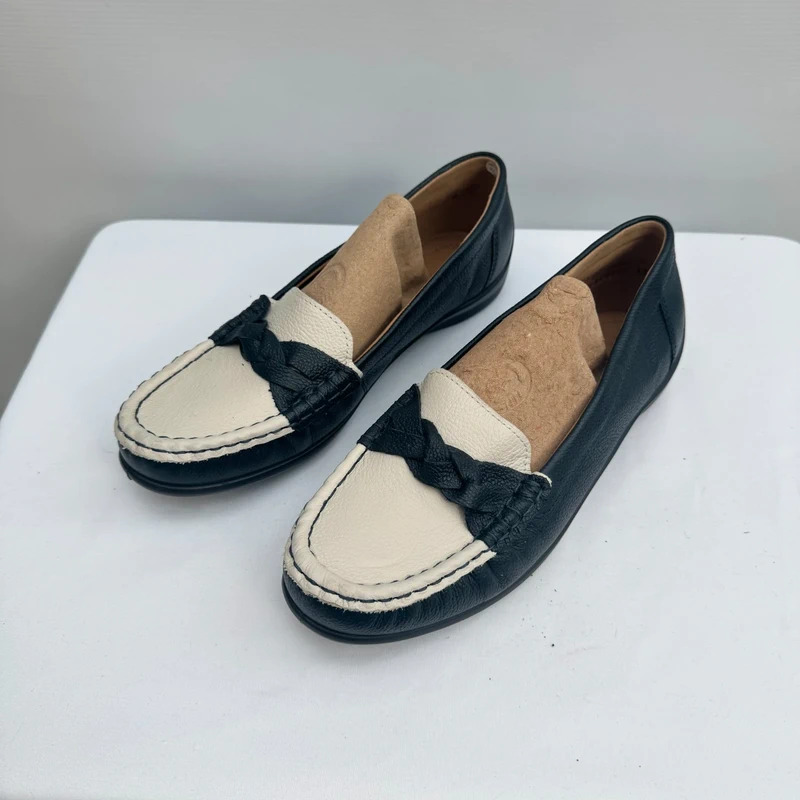 Hotter Selena Navy Cream Leather Loafers UK 6 EU 39 Standard Fit BNWOT