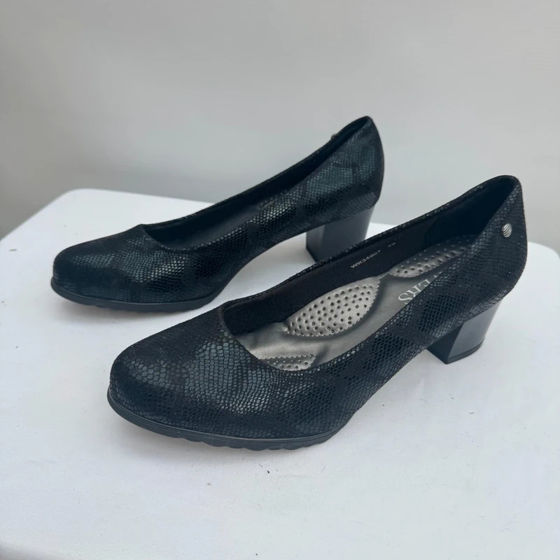 Pavers Black Reptile Print Block Heel Court Shoes UK 6 EU 39 Comfort Sole BNWT
