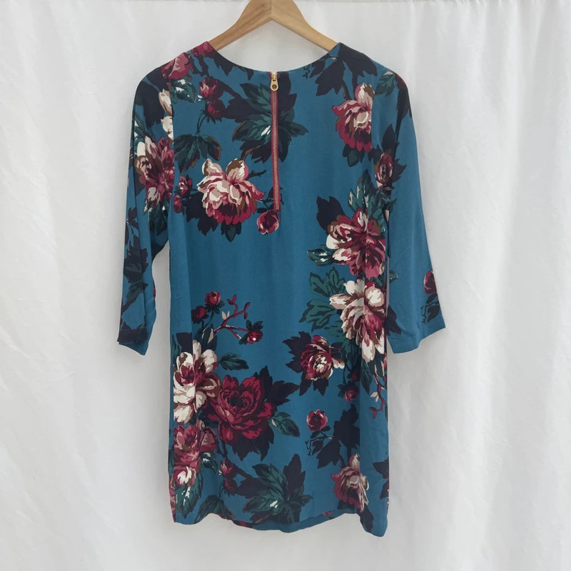 Joules Beydale Teal Floral Tunic Dress UK 8 3/4 Sleeve Gold Zip Back Lined - Image 6