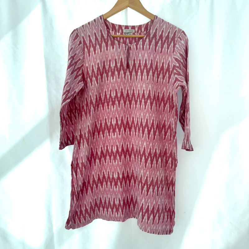 Orvana London Artisanal Ikat Tunic - Pink Handwoven Cotton Size L UK 14–16 Slow Fashion