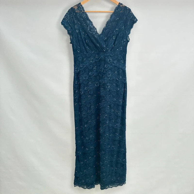 Debut Navy Lace Sequin Maxi Dress UK 14 Cap Sleeve V-Neck Occasion Wear