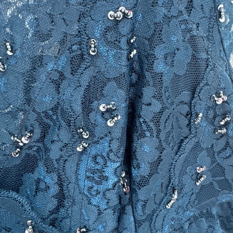 Debut Navy Lace Sequin Maxi Dress UK 14 Cap Sleeve V-Neck Occasion Wear - Image 3