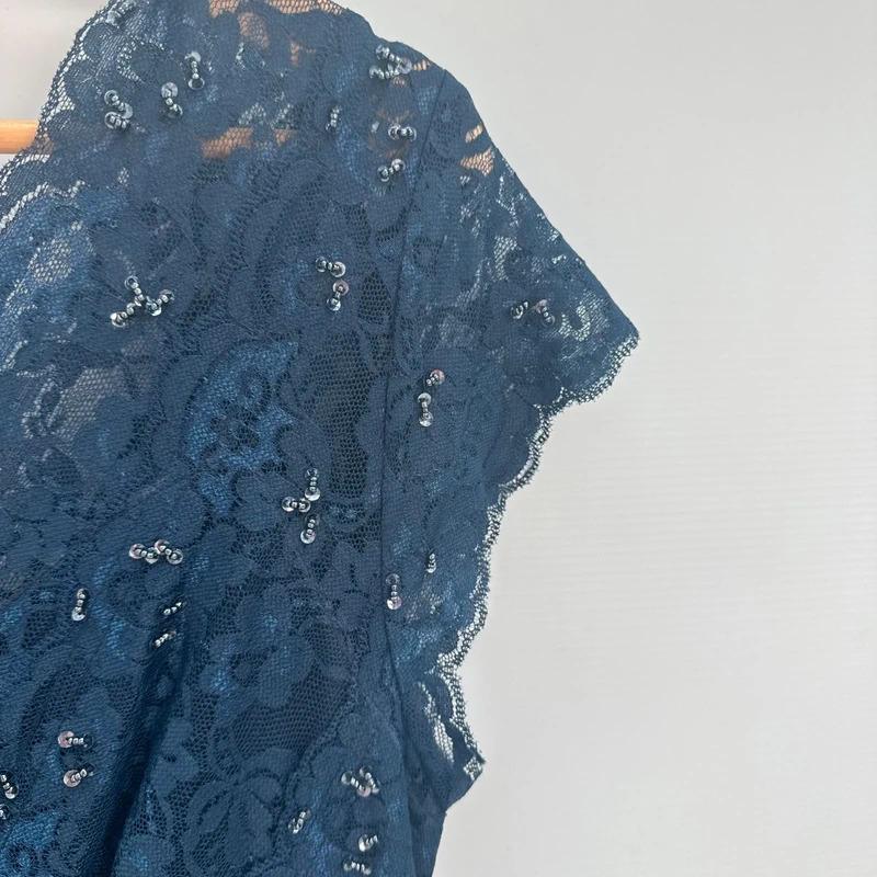 Debut Navy Lace Sequin Maxi Dress UK 14 Cap Sleeve V-Neck Occasion Wear - Image 4