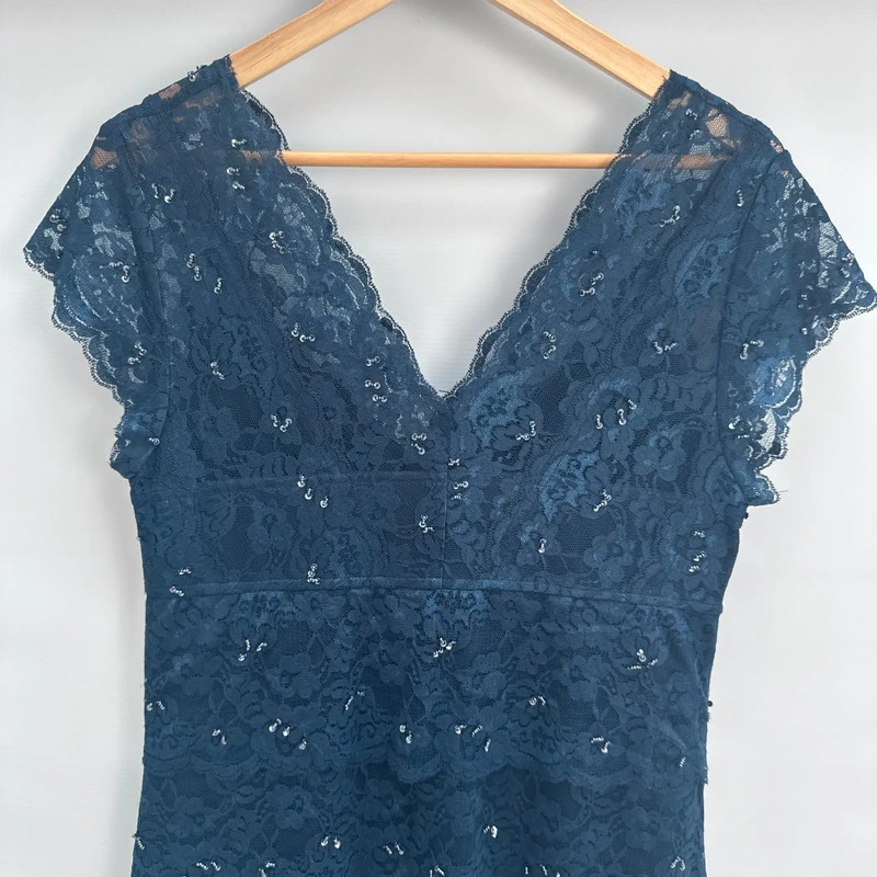 Debut Navy Lace Sequin Maxi Dress UK 14 Cap Sleeve V-Neck Occasion Wear - Image 5