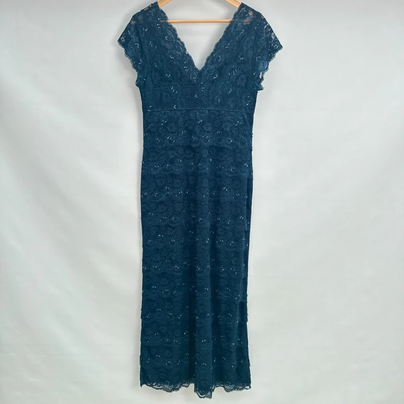 Debut Navy Lace Sequin Maxi Dress UK 14 Cap Sleeve V-Neck Occasion Wear - Image 6