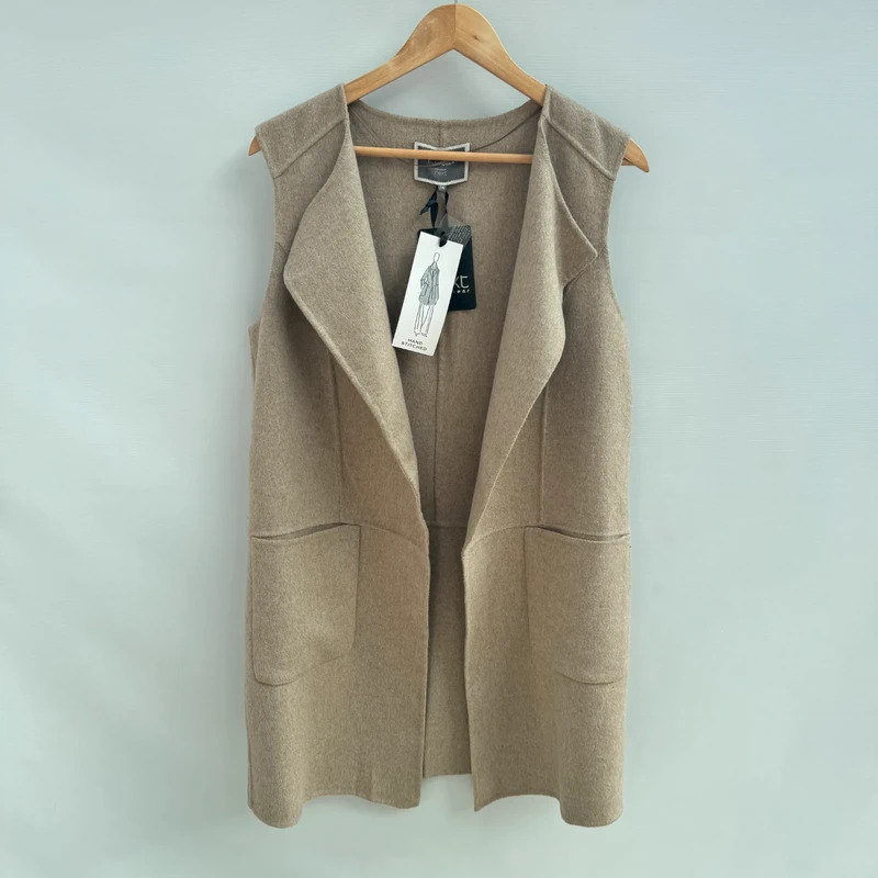 Next Woolmark Blend Sleeveless Gilet UK 14 Oatmeal Hand Stitched Longline BNWT