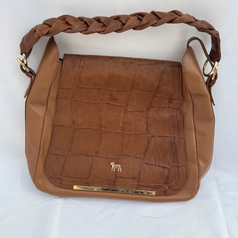 Lamb 1887 Beaulieu Bag Tan Leather Croc Flap Braided Handle Dust Bag RRP £350