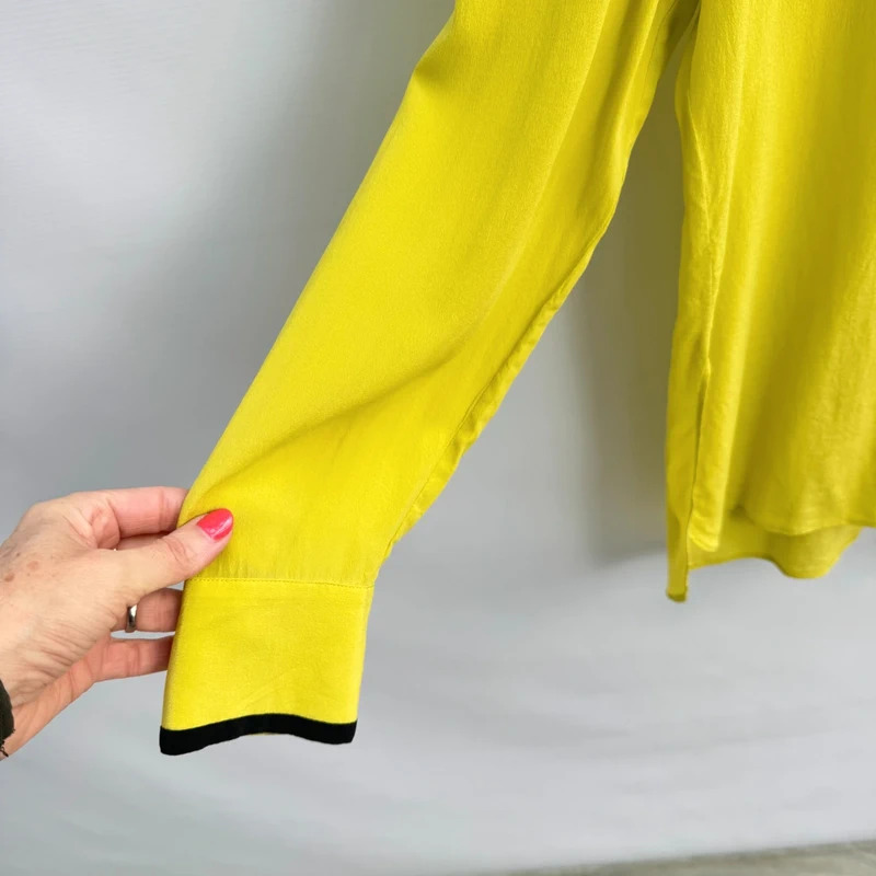 Damsel in a Dress Chartreuse 100% Silk Tunic Blouse UK 16 Black Trim - Minor Mark - Image 3