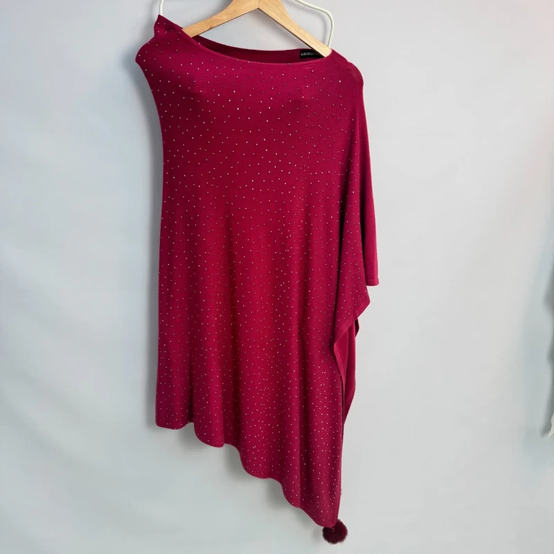 Laetitia Mem Burgundy Embellished Asymmetrical Poncho Pom Pom Hem